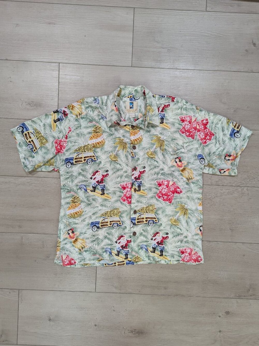 Kahala Christmas Hawaiian Shirt Men's L Santa Surfing Aloha Button Up Rayon